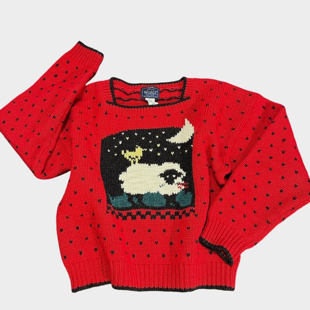 Vintage Woolrich Sheep Moon Novelty Knit Wool Sweater Red Black - Women’s Medium